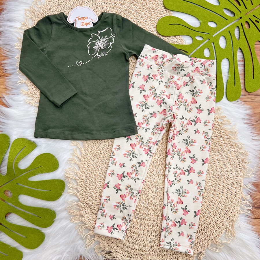 Conj. Blusa Manga Longa e Legging Floral - Verde e Areia